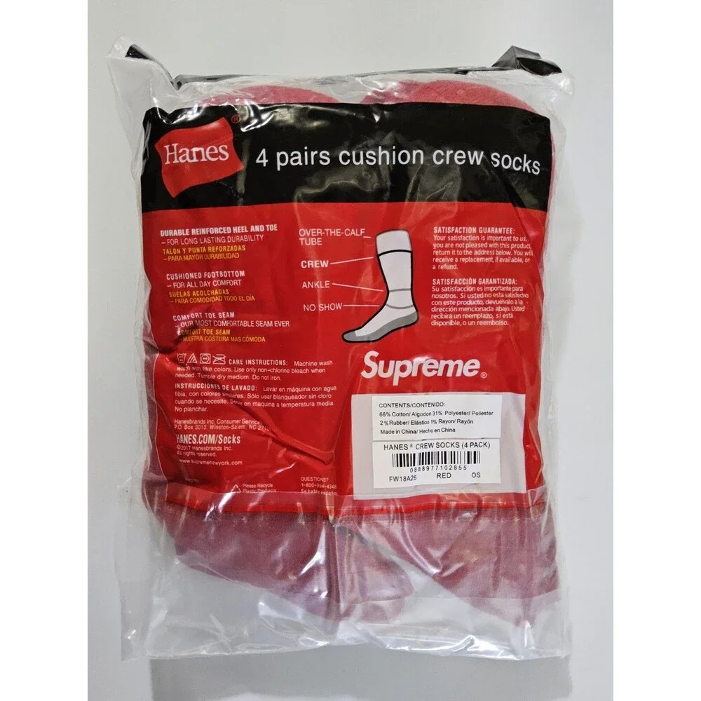 Supreme X Hanes Cushioned Crew 4 Pack Socks Red Size 6-12